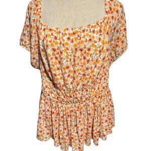 Torrid Floral Peplum Blouse Size 2X Boho Square Neck Lace Up Back Top